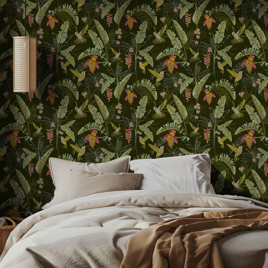 Bedroom with tropical floral wallpaper and neutral bedding.