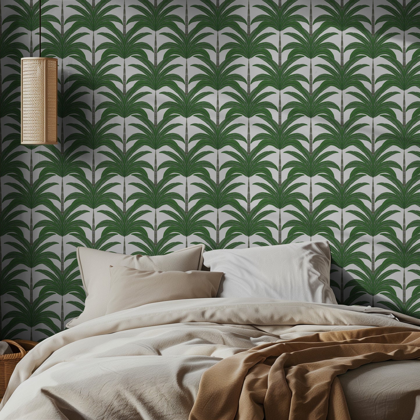 Bedroom with green palm patterned wallpaper.