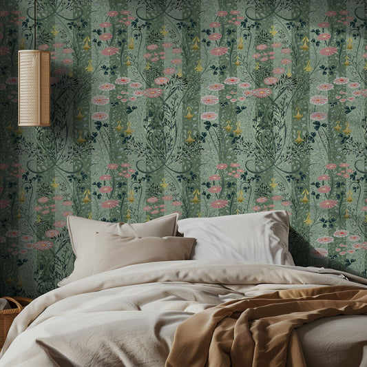 Bedroom with floral wallpaper and beige bedding