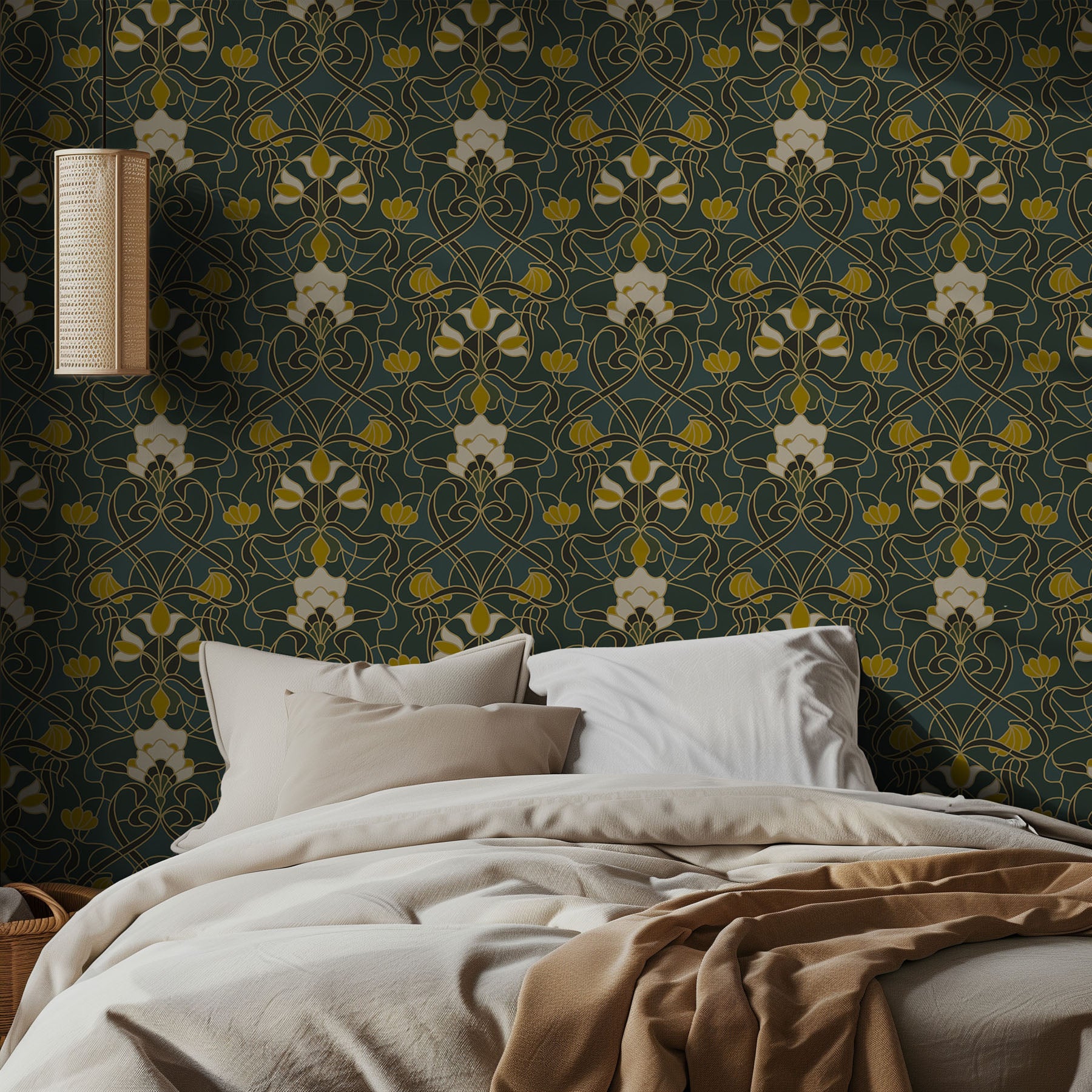Bedroom with floral-patterned wallpaper and neutral bedding