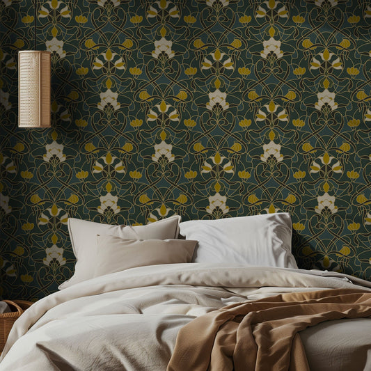 Bedroom with floral-patterned wallpaper and neutral bedding