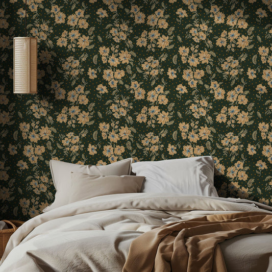 Bedroom with floral wallpaper and beige bedding.
