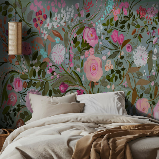 Bedroom with pink and teal floral wallpaper mural and soft lighting