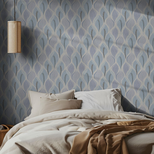 Bedroom with pale blue lily patterned wallpaper and soft bedding