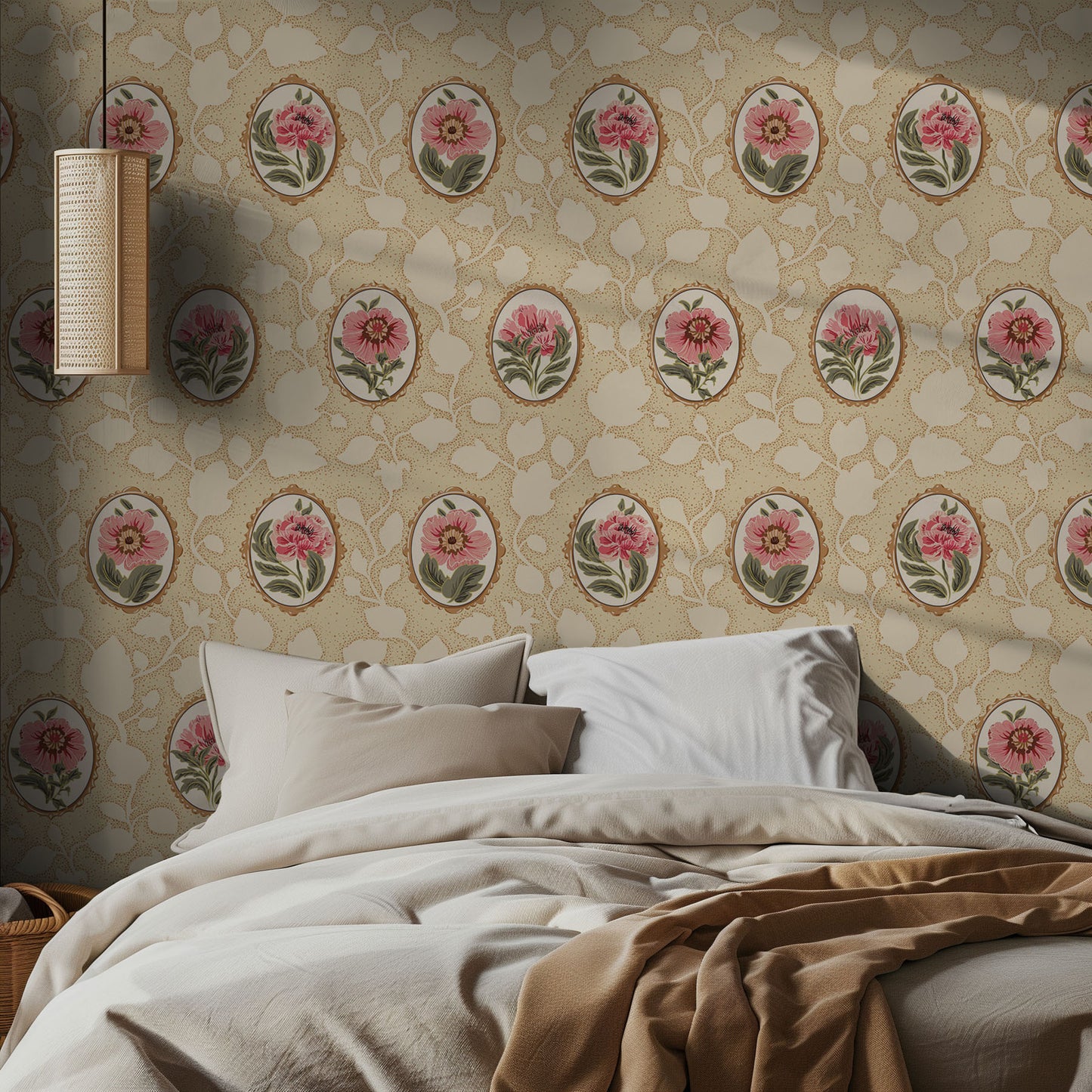 Bedroom with floral wallpaper and a bed with beige bedding.