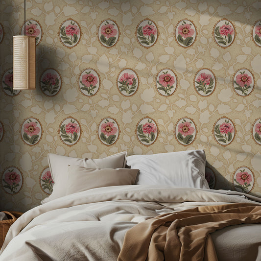 Bedroom with floral wallpaper and a bed with beige bedding.