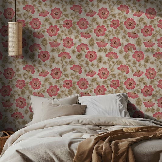 Bedroom with floral wallpaper and a bed with beige bedding.