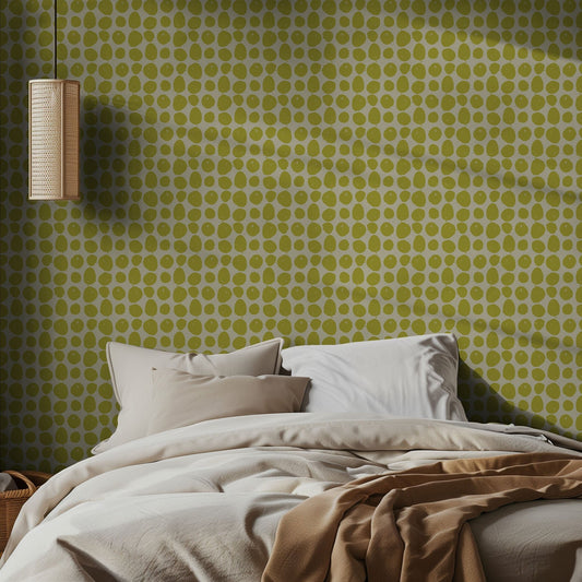 Bedroom with lime green patterned wallpaper and neutral bedding