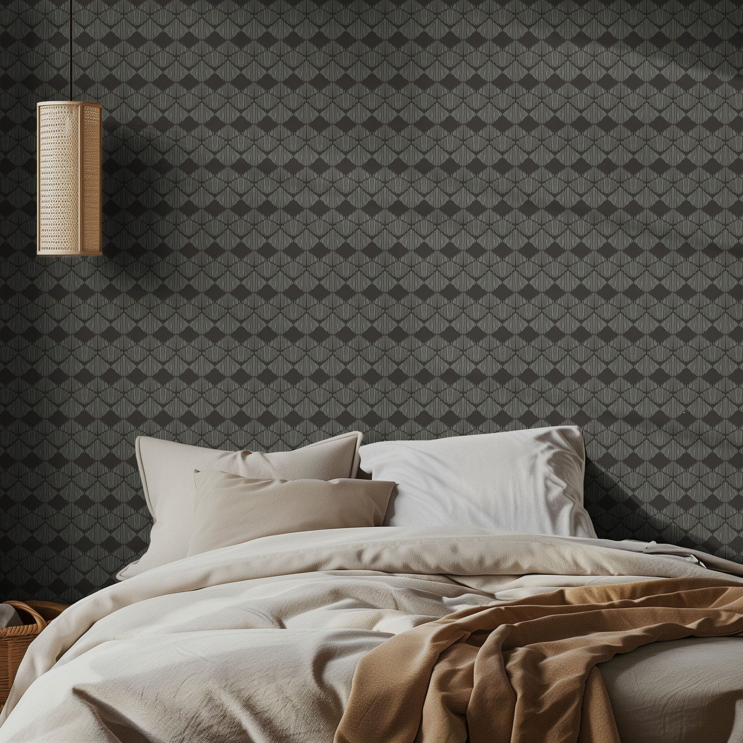 Bedroom with modern brown and sage patterned wallpaper and soft bedding