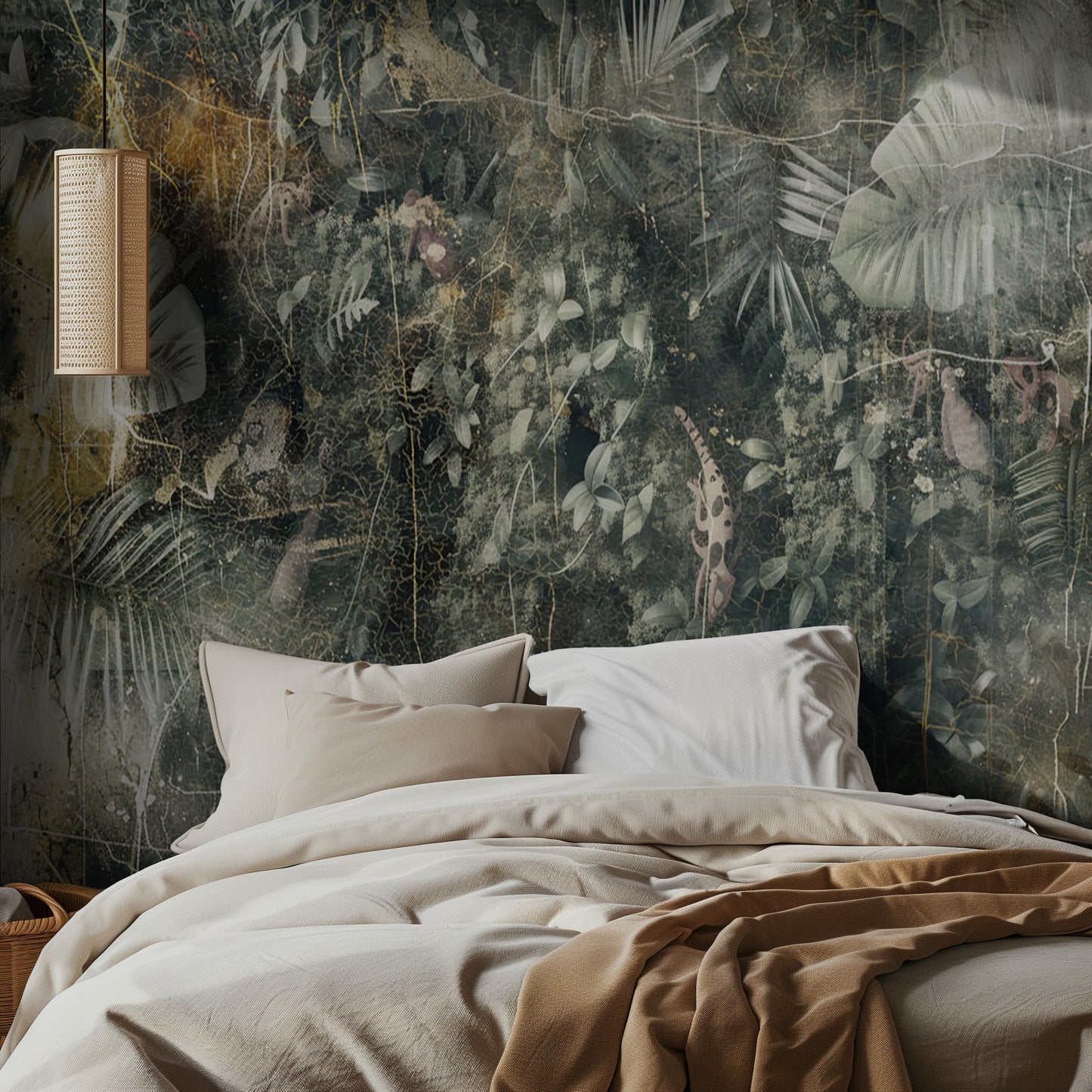Bedroom with a bed against a wall featuring a nature-themed wallpaper mural.
