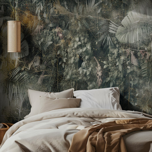Bedroom with a bed against a wall featuring a nature-themed wallpaper mural.