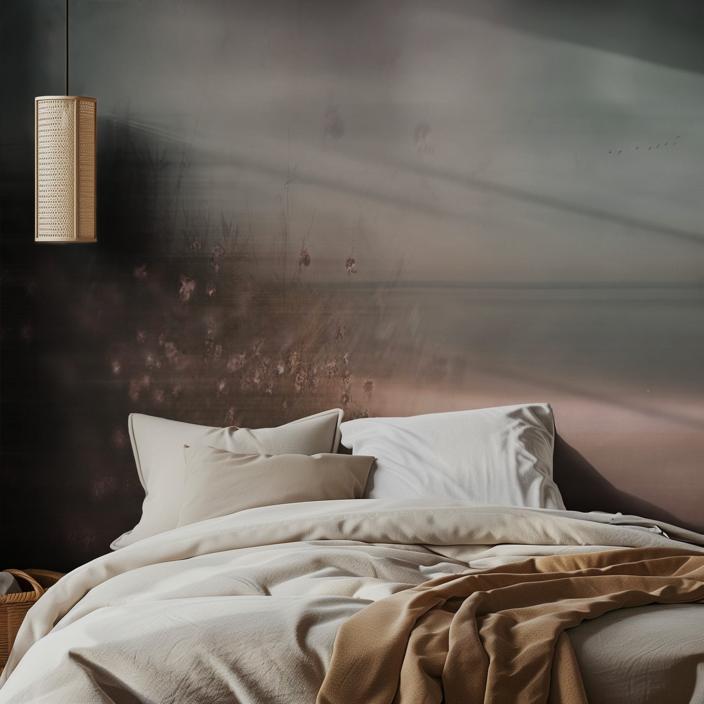 Bedroom with a bed featuring beige and white bedding, a dark beach wall mural, and a hanging light fixture.