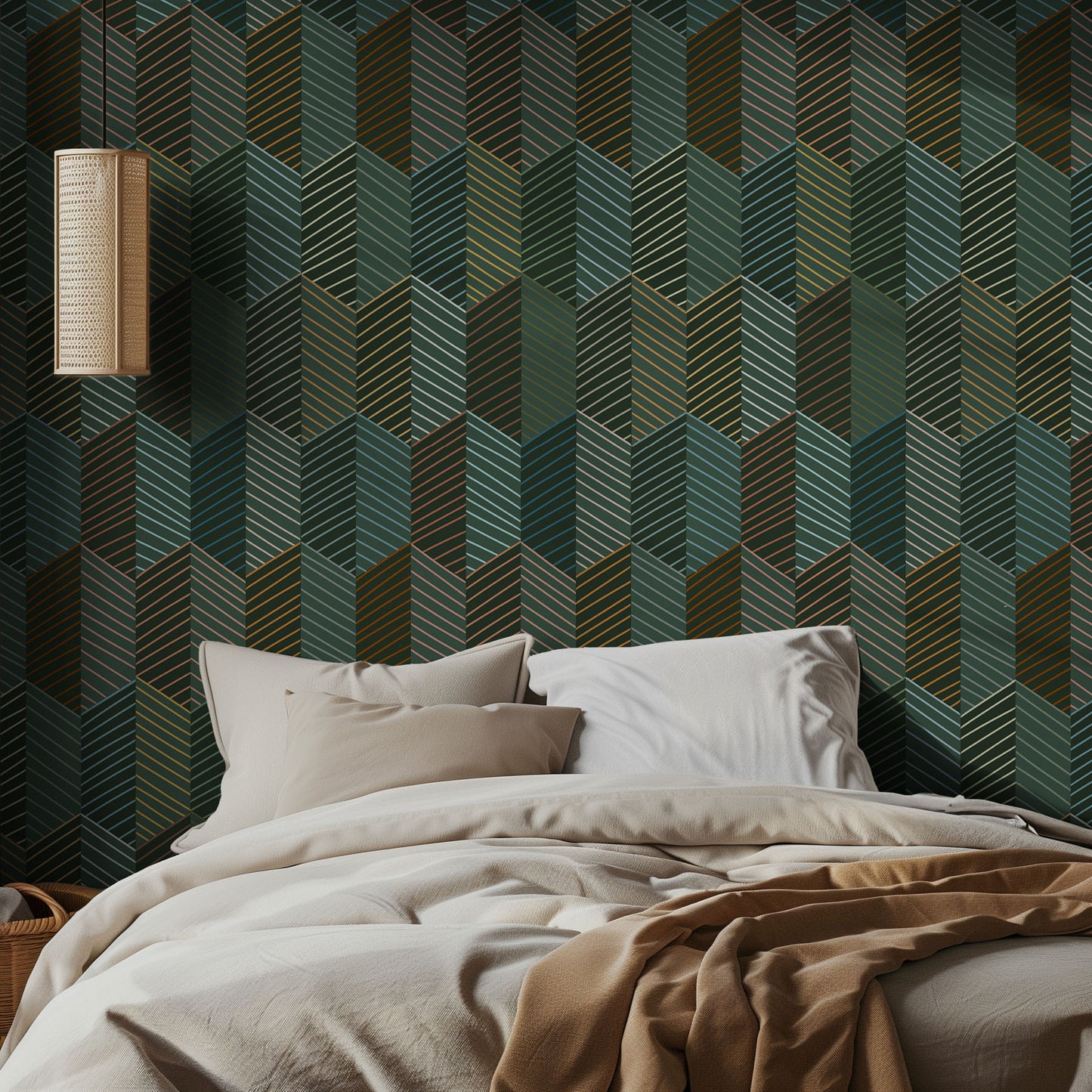 Bedroom with green, 3d geometric patterned wallpaper and soft bedding