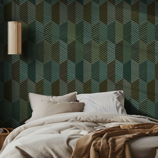 Bedroom with green, 3d geometric patterned wallpaper and soft bedding
