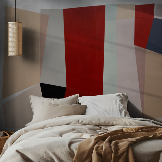 Bedroom with an abstract geometric wall mural and soft lighting