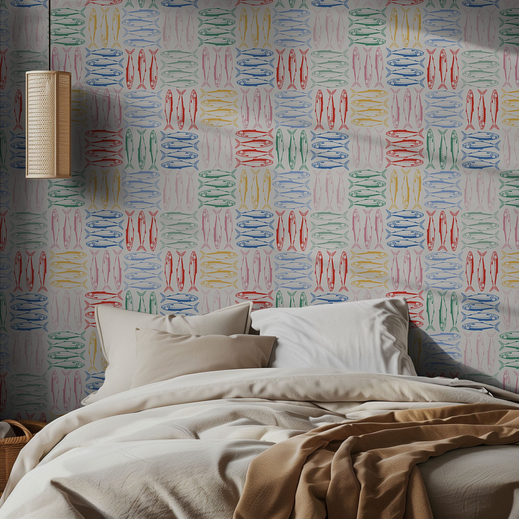 Bedroom with colorful sardine patterned wallpaper