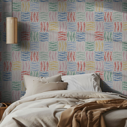Bedroom with colorful sardine patterned wallpaper