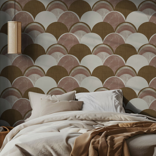 Bedroom with a patterned wall featuring circular shapes in brown, pink, and white.