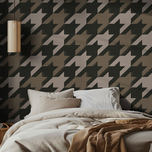 Bedroom with houndstooth patterned wallpaper and neutral bedding.