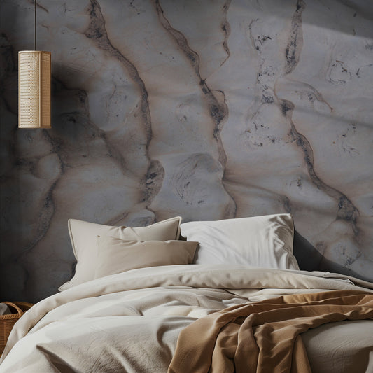 Bedroom with marble wall and hanging lamp