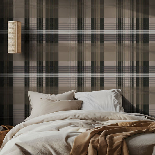 Bedroom with plaid wallpaper and soft bedding