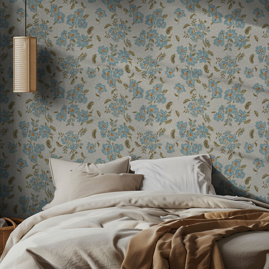 Bedroom with floral wallpaper and a bed with beige bedding.