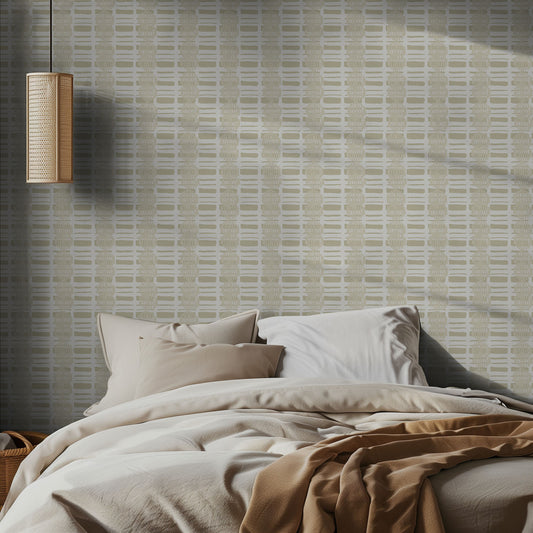 Bedroom with organic neutral woven patterned wallpaper and a hanging lamp