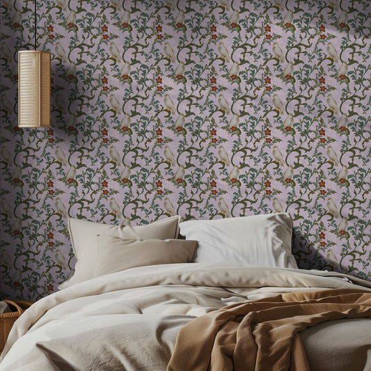 Bedroom with floral wallpaper and a bed with beige bedding.