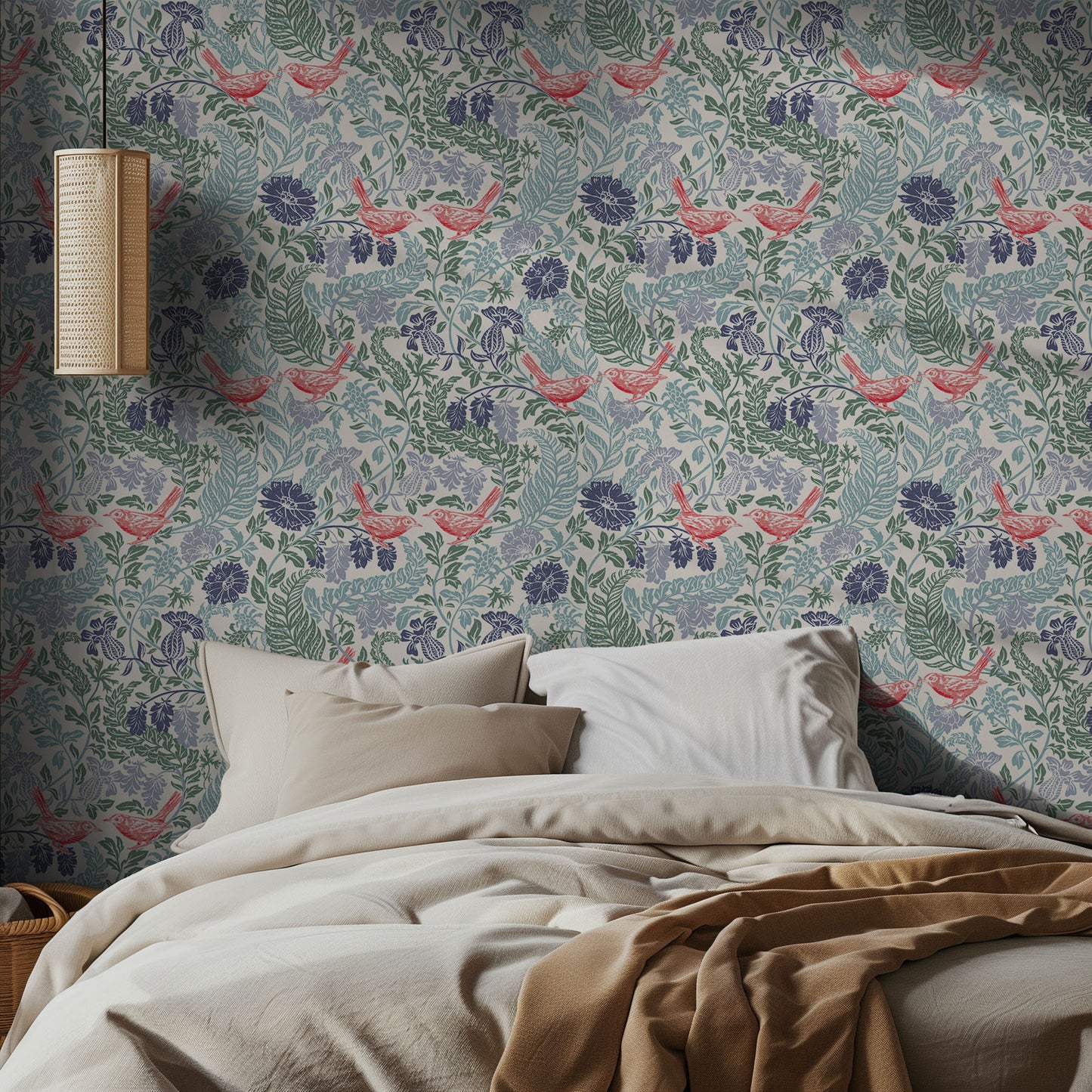 Bedroom with bird and floral wallpaper featuring birds and leaves, with a bed and lamp in the foreground.