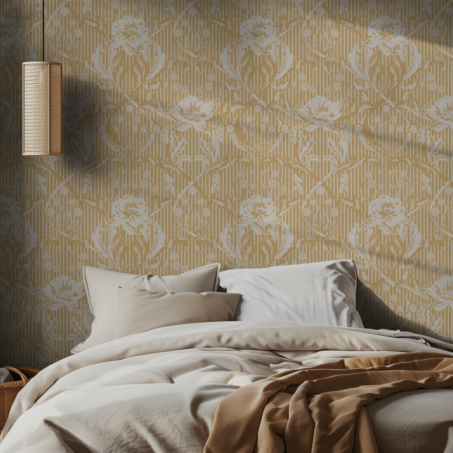 Bedroom with oversized white and yellow floral patterned wallpaper and soft bedding