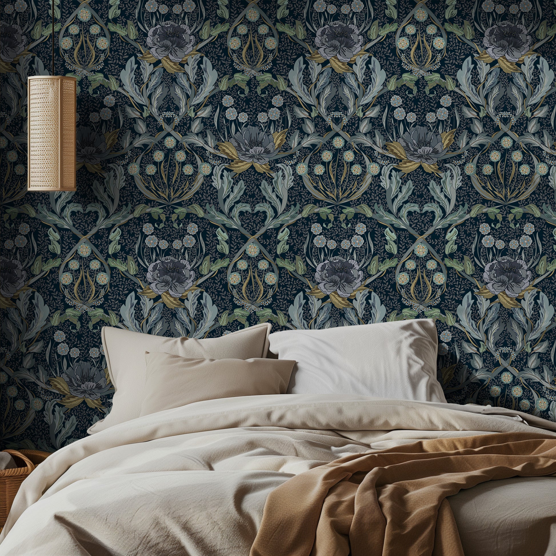 Bedroom with traditional navy blue floral-patterned wallpaper and beige bedding