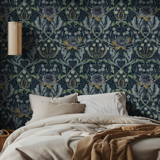 Bedroom with traditional navy blue floral-patterned wallpaper and beige bedding