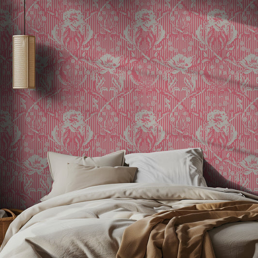 Bedroom with pink and white floral wallpaper and beige bedding