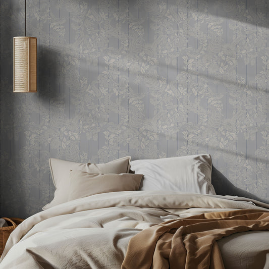 Bedroom with floral wallpaper, bed with beige bedding, and wall-mounted lamp.