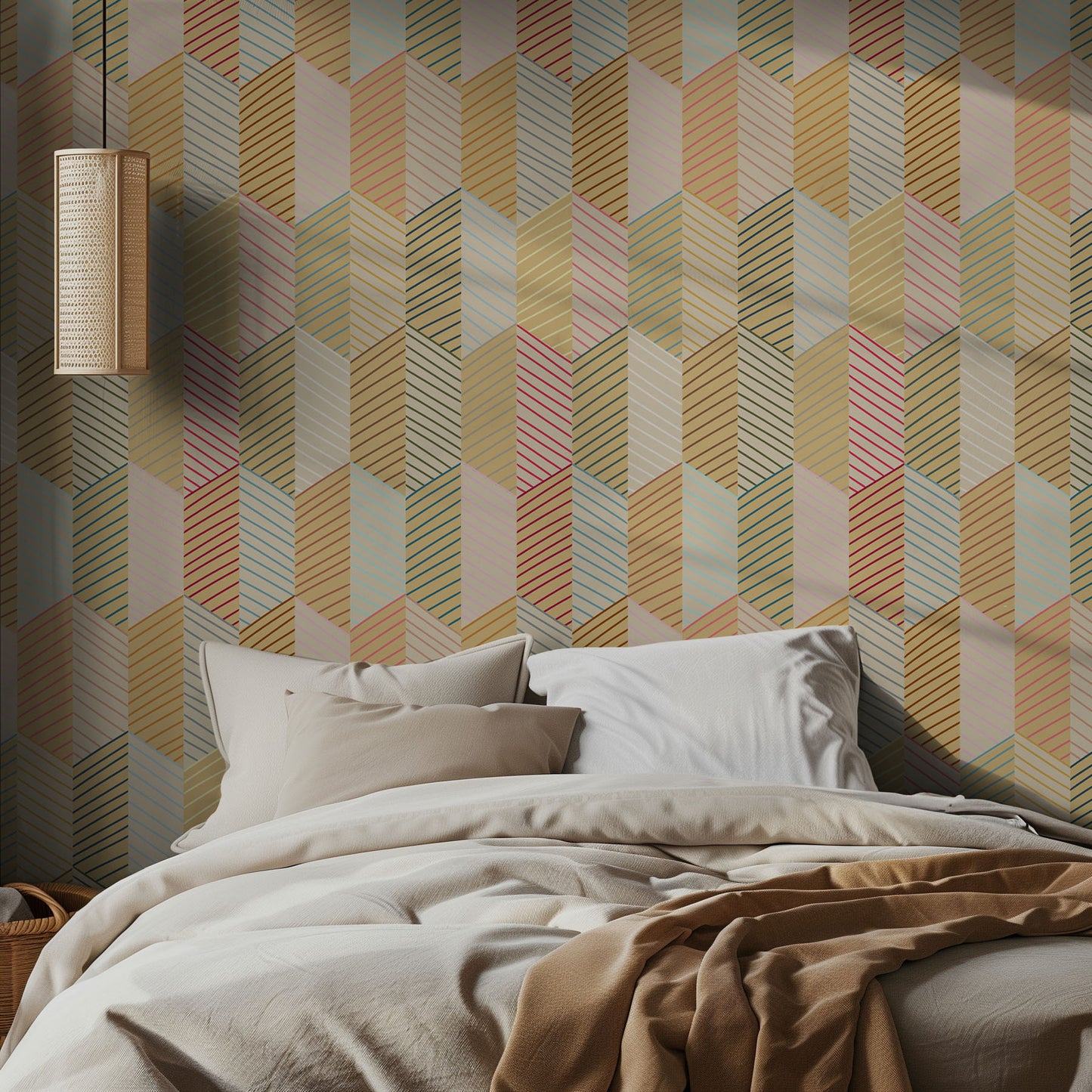 Bedroom with colorful geometric patterned wallpaper and soft bedding.