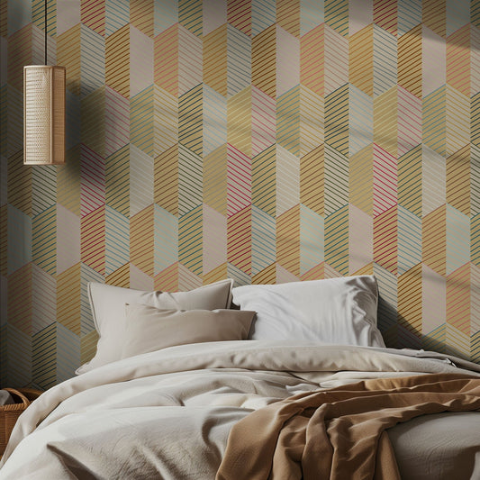 Bedroom with colorful geometric patterned wallpaper and soft bedding.