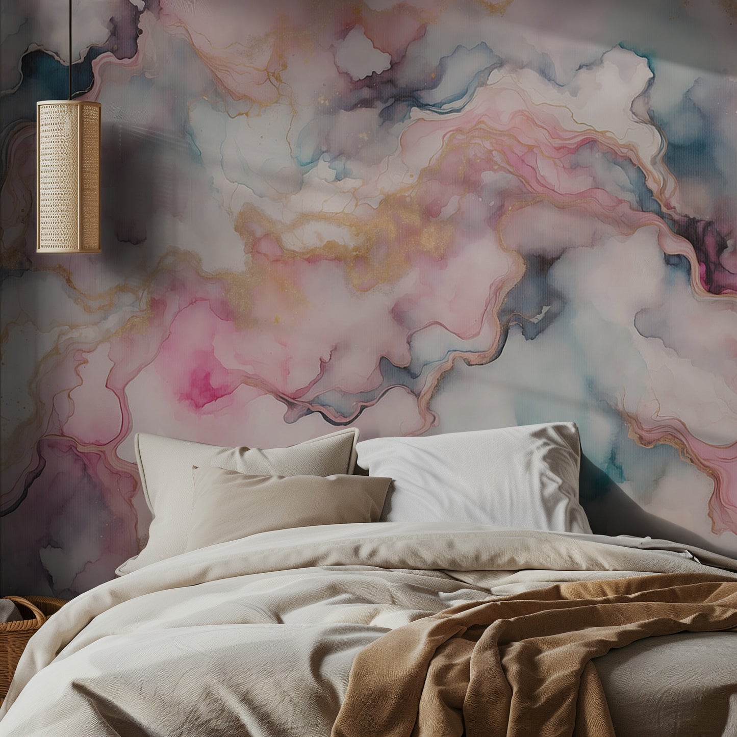 Bedroom with colorful abstract ink wall mural and soft lighting