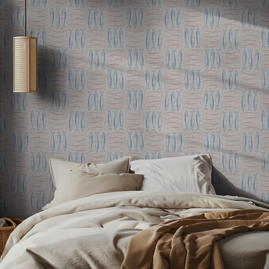 Bedroom with pink and blue sardine patterned wallpaper and neutral bedding