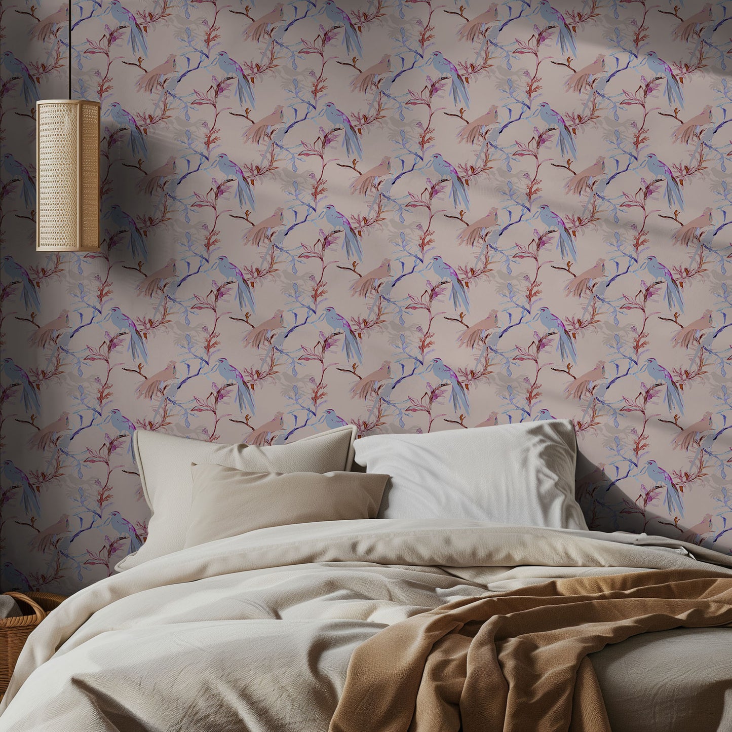 Bedroom with floral wallpaper and a bed with beige bedding.