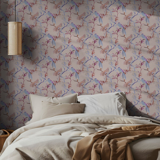 Bedroom with floral wallpaper and a bed with beige bedding.