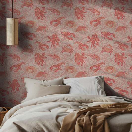 Bedroom with pink and coral ocean animal patterned wallpaper and neutral bedding.