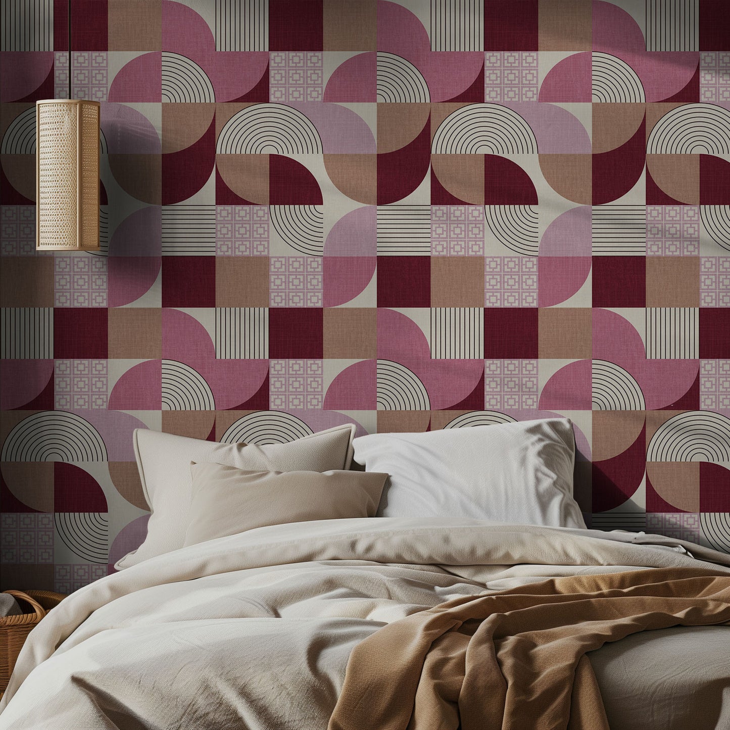 Bedroom with midcentury pink geometric patterned wallpaper and soft lighting.