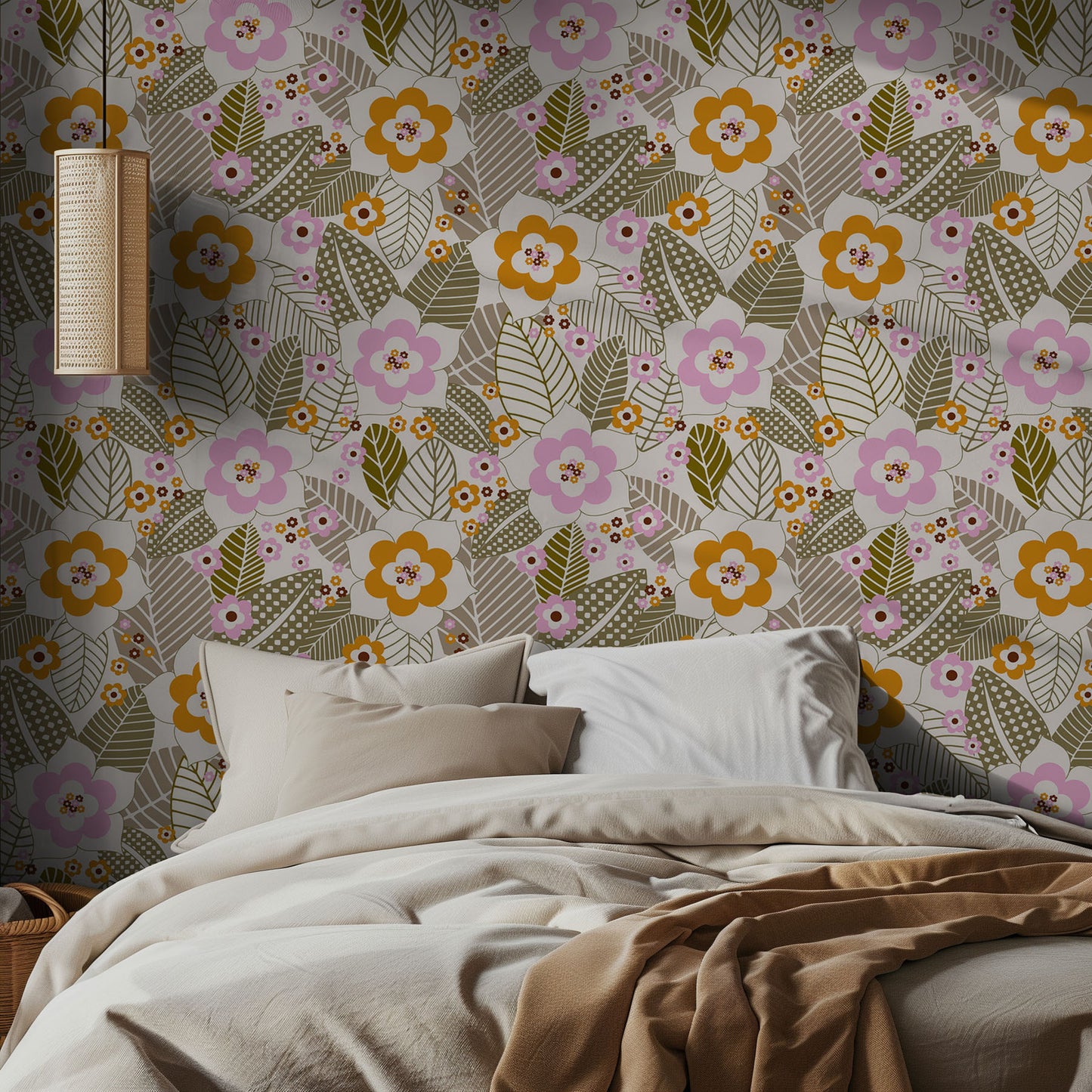 Bedroom with pink orange and green floral wallpaper and a bed with beige bedding.