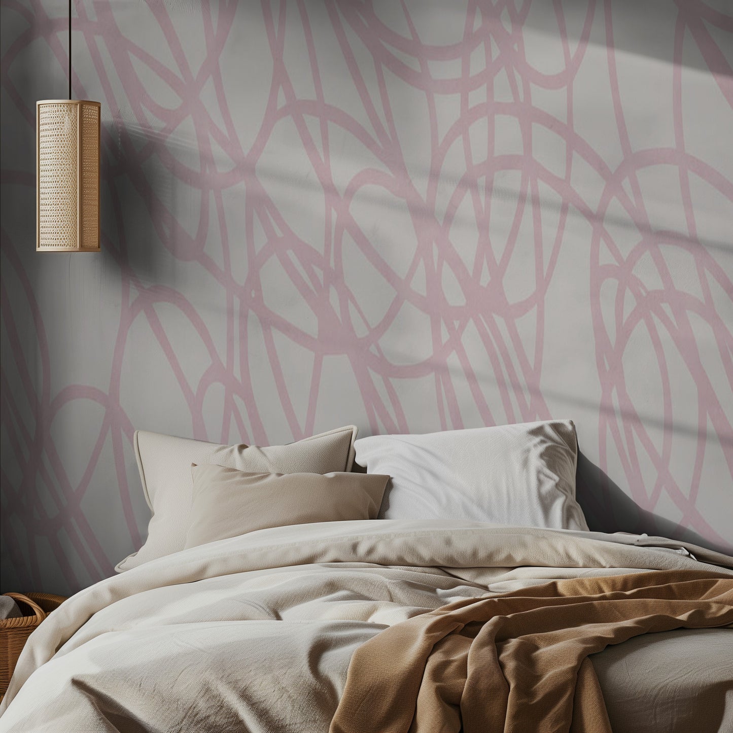 Bedroom with abstract pink and gray wall pattern, beige bedding, and pendant light.
