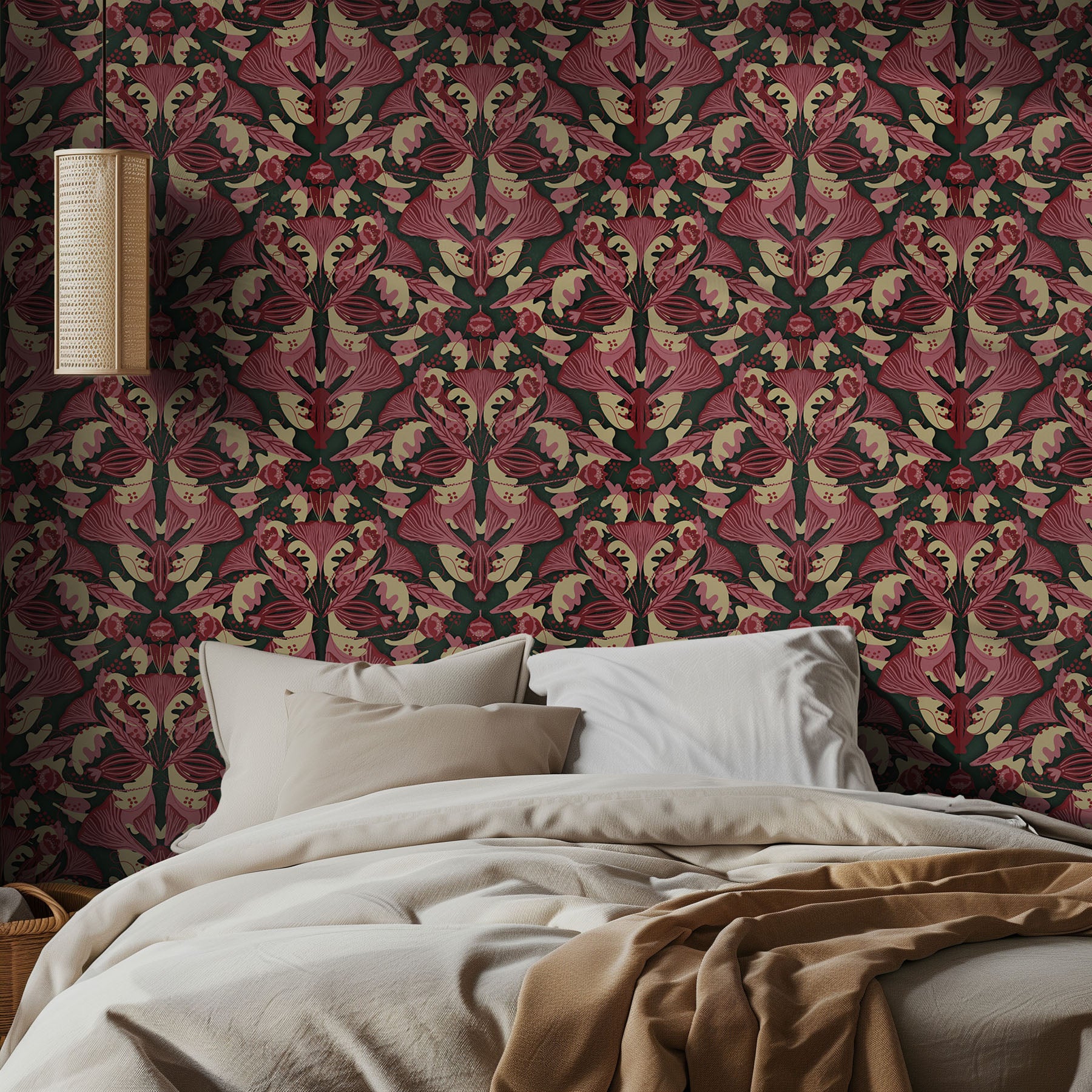 Bedroom with ornate patterned wallpaper and beige bedding.