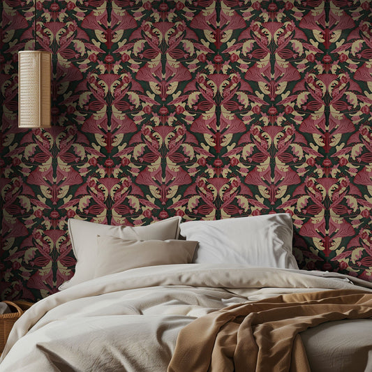 Bedroom with ornate patterned wallpaper and beige bedding.