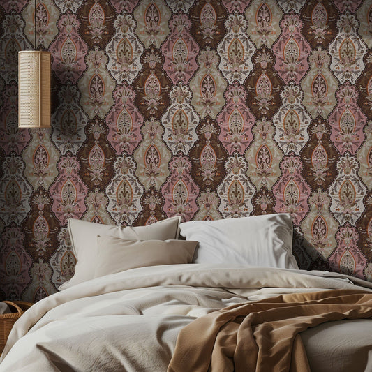 Bedroom with pink damask patterned wallpaper and bedding