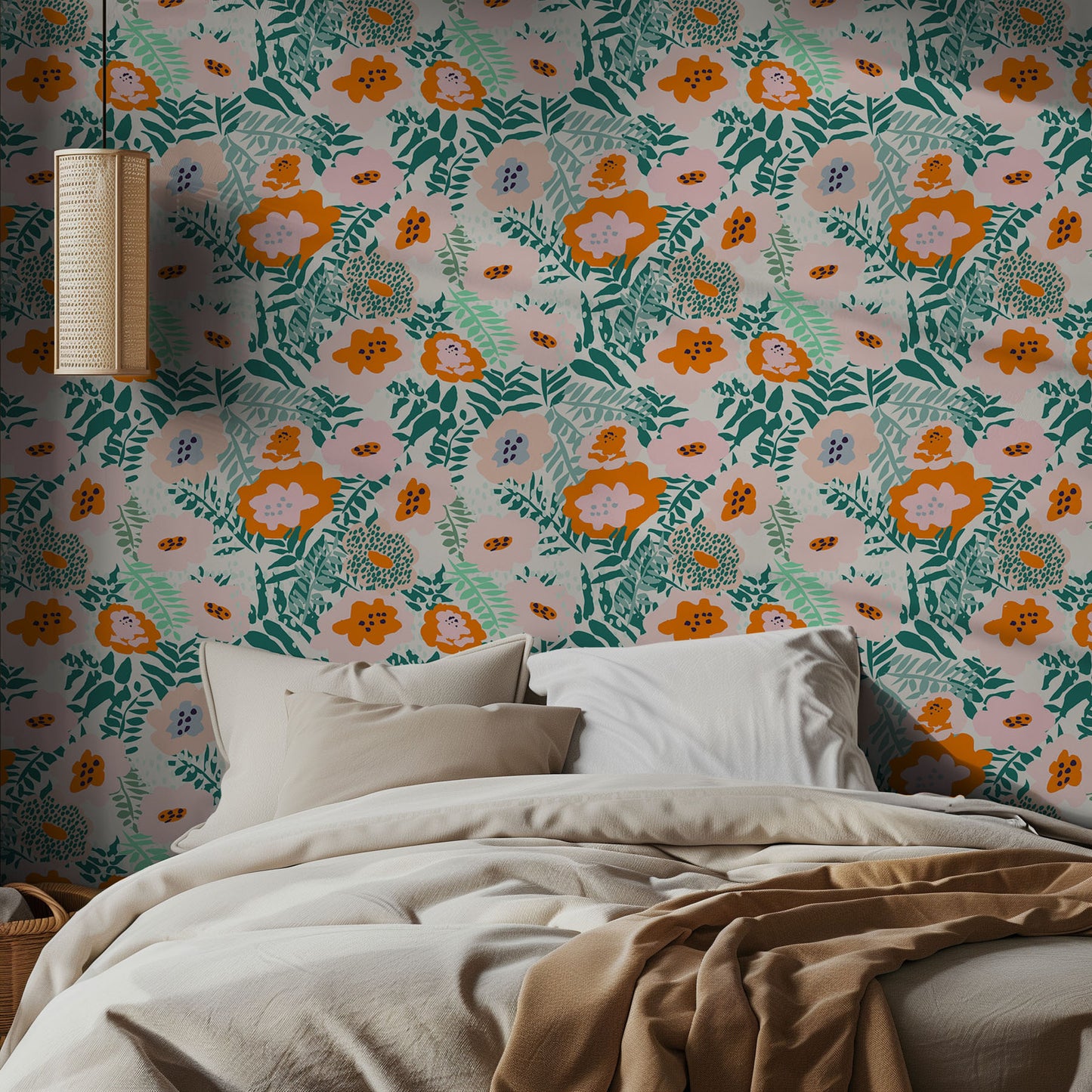 Bedroom with vibrant floral wallpaper and a bed with beige bedding.