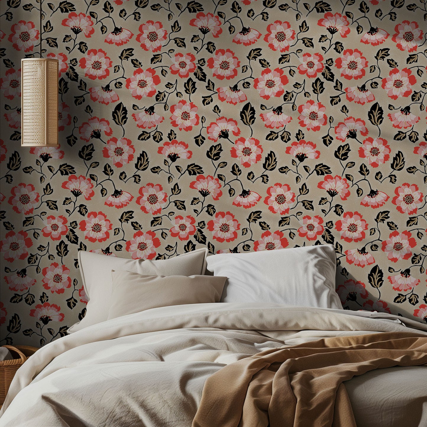 Bedroom with floral wallpaper and beige bedding