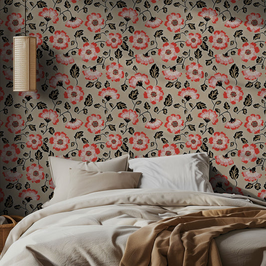 Bedroom with floral wallpaper and beige bedding